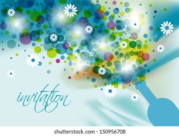 Wedding and invitation card. Champagne bottle with bubbles. Abstract flower background. 