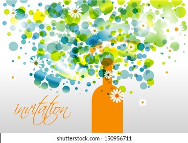 Wedding and invitation card. Champagne bottle with bubbles. Abstract flower background. 