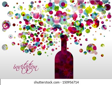 Wedding and invitation card. Champagne bottle with bubbles. Abstract flower background. 