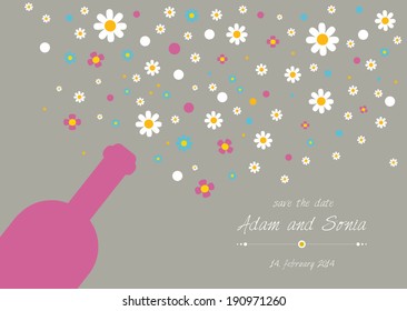 Wedding and invitation card. Champagne bottle with floral bubbles. Abstract flat background.