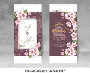 wedding invitation card with cherry blossom and dragonfly