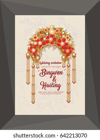 Wedding invitation card with Chinese wedding woman crown, tree background. Vector illustration.