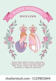 Wedding invitation. Wedding card. Wedding in Church. Bride and groom in wedding crowns. Flower frames. Vector illustration