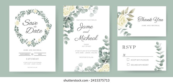 Wedding invitation card. Circle ring bouquet of white roses and eucalyptus leaves. Template card set.