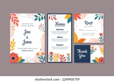 Colección de tarjetas de invitación de boda disponible para publicación en medios sociales, RSVP y tarjeta de felicitación