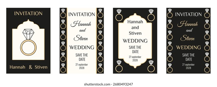 Wedding Invitation card collection. Vector illustration of elegant black poster with gold ring Wedding Invitation typography collection. Wedding flyer in arabic islamic style. EPS 10