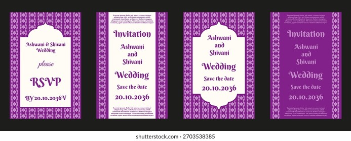 Wedding Invitation card collection. Vector illustration of indian floral Mughal frame Wedding Invitation poster with typography. Wedding flyer in indian style. EPS 10