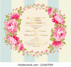 Wedding invitation card of color flowers. Vector illustration.