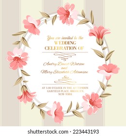Wedding invitation card of color flowers. Vector illustration.