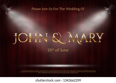 Wedding invitation card color vector template. Engagement and marriage celebration web banner with text space. Party, event poster layout. Red drop background and spotlights. Theater stage
