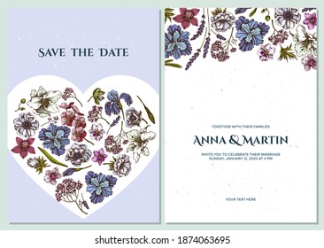 Wedding invitation card with colored anemone, lavender, rosemary everlasting, phalaenopsis, lily, iris