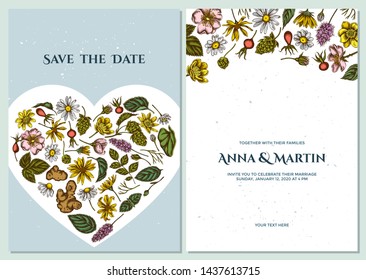 Wedding invitation card with colored celandine, chamomile, dog rose, hop, jerusalem artichoke, peppermint