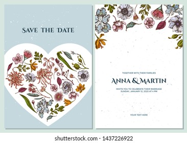 Wedding invitation card with colored japanese chrysanthemum, blackberry lily, eucalyptus flower, anemone, iris japonica, sakura