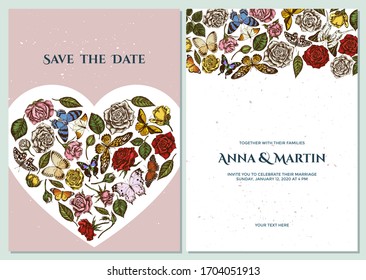 Wedding invitation card with colored lemon butterfly, red lacewing, african giant swallowtail, alcides agathyrsus, wallace's golden birdwing, purple spotted swallowtail, forest mother-of-pearl, great