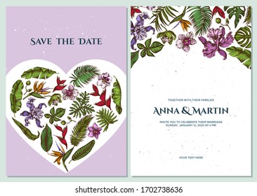 Wedding invitation card with colored monstera, banana palm leaves, strelitzia, heliconia, tropical palm leaves, orchid