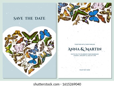 Wedding invitation card with colored morpho menelaus, graphium androcles, morpho rhetenor cacica, papilio demoleus, cethosia biblis, papilio antimachus, alcides agathyrsus, ornithoptera priamus