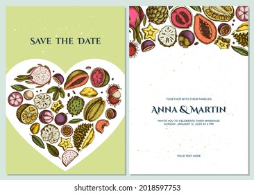 Wedding invitation card with colored papaya, guava, passion fruit, starfruit, durian, rambutan, pitaya, jackfruit, sugar-apple, soursop, mangosteen