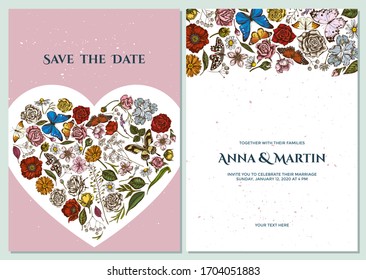 Wedding invitation card with colored shepherd's purse, heather, iris japonica, sakura, gypsophila, chamomile, almond, poppy flower, calendula, blue morpho, lemon butterfly, red lacewing, great orange