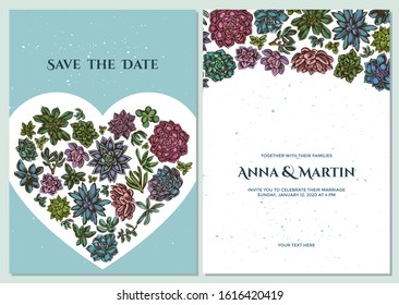 Wedding invitation card with colored succulent echeveria, succulent echeveria, succulent