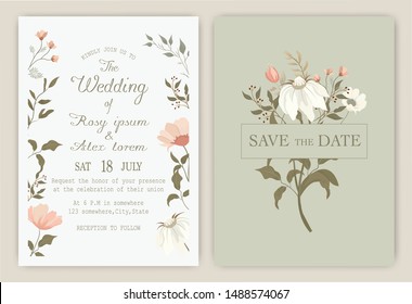 wedding invitation card with colorful floral and leaves.