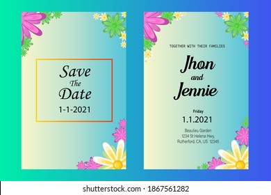 Wedding invitation card with colorful flower frame. Beautiful card background. Gradient style. Set card template