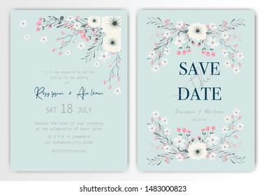 wedding invitation card with colourful floral and leaves.