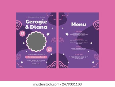 Wedding Invitation Card With Couple Bride and Purple Background