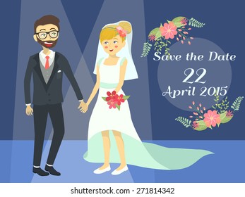 Wedding invitation card with couple bride and groom holding their hand in blue spotlight background.