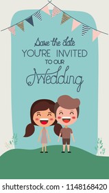 wedding invitation card with couple characters