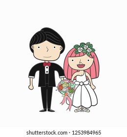 wedding invitation card with couple characters on white background.