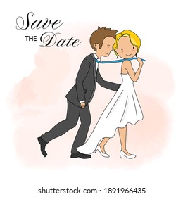 Wedding invitation card. Wedding couple in funny pose. Isolated vector