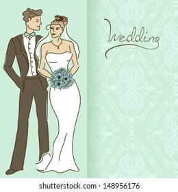 Wedding invitation or card with couple on a laced pattern background