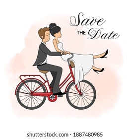 Wedding invitation card. Wedding couple on bicycle