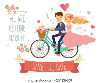 wedding invitation card with couple on bike