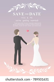 Wedding invitation card with couple warring wedding dress holding hands and look at each other. Save the date with white romantic wreath. Flat design vector illustration. 