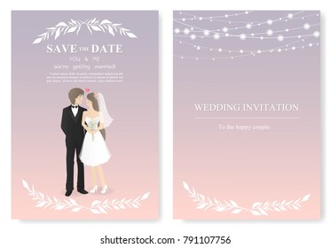 Wedding invitation card with couple warring wedding dress hugging and look at each other. Save the date with white romantic wreath. Flat design vector illustration. 