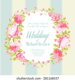 Wedding invitation card with custom text, vintage floral invitation for spring or summer party. Vector illustration.