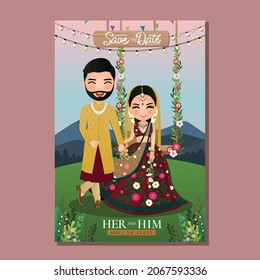  Wedding invitation card cute couple indian dress cartoon character holding hands sitting on swing decorated with flowers