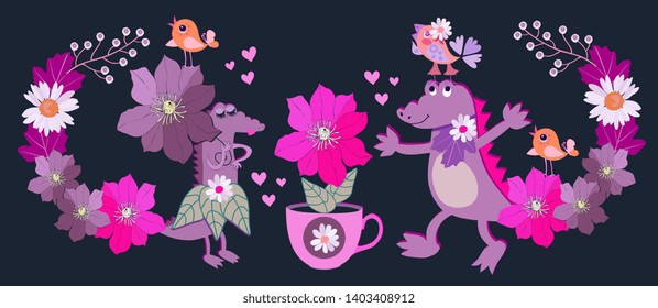 Wedding invitation card with cute funny crocodiles in love on black background. Bright garden flowers and little cheerful birds.