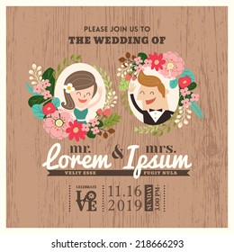 Wedding Invitation Card With Cute Groom And Bride Cartoon