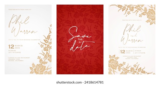 wedding invitation card with cute rose flower templates red background and gold floral design for Stationery, Layouts, collages, scene designs, event flyers, Holidays celebrations cards paper printing