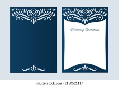 Wedding invitation card with cutout swirls pattern, laser cut template, vector.