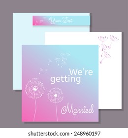 Wedding invitation card with the dandelion on a wind loses the integrity. Vector brochure, book cover template.