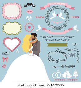 Wedding invitation card decor elements set.Cartoon kissing couple bride and groom.Swirling borders,ribbon, frame,icons,heart,label.Design template kit,save date card.Vintage Vector Illustration,flat.