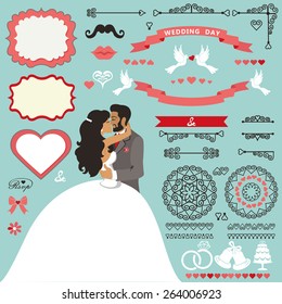 Wedding invitation card decor set.Cartoon kissing couple bride and groom.Swirling borders ,brushes,ribbon, wreath,icons,heart,label.Design template kit,save date card.Vintage Vector Illustration,flat.