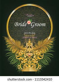 Wedding invitation card decorated with baroque golden frame on coconut leaves background. 