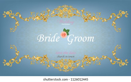 Wedding invitation card decorated with baroque metal elements and gold roses​