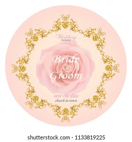 Wedding invitation card decorated with baroque floral design and rose