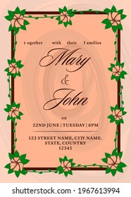 Wedding Invitation Card Decorated With Floral In Peach Color.