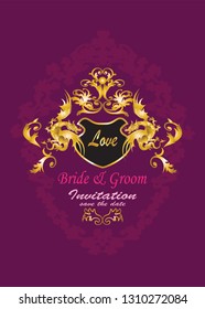 Wedding invitation card decorated with golden dragons​